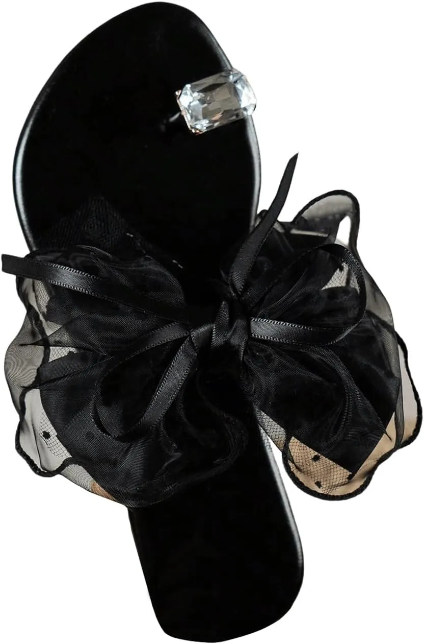 Verdusa Women's Rhinestone Bow Knot Flat Sandals Flip Flops with Clip Toe Ring