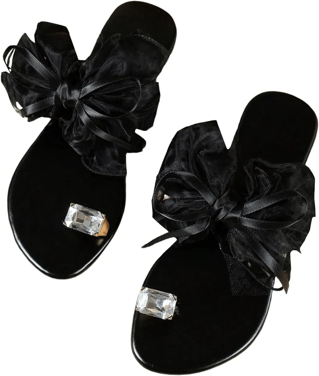 Verdusa Women's Rhinestone Bow Knot Flat Sandals Flip Flops with Clip Toe Ring
