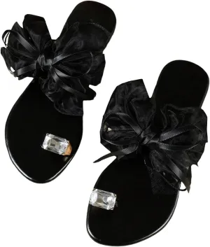 Verdusa Women's Rhinestone Bow Knot Flat Sandals Flip Flops with Clip Toe Ring