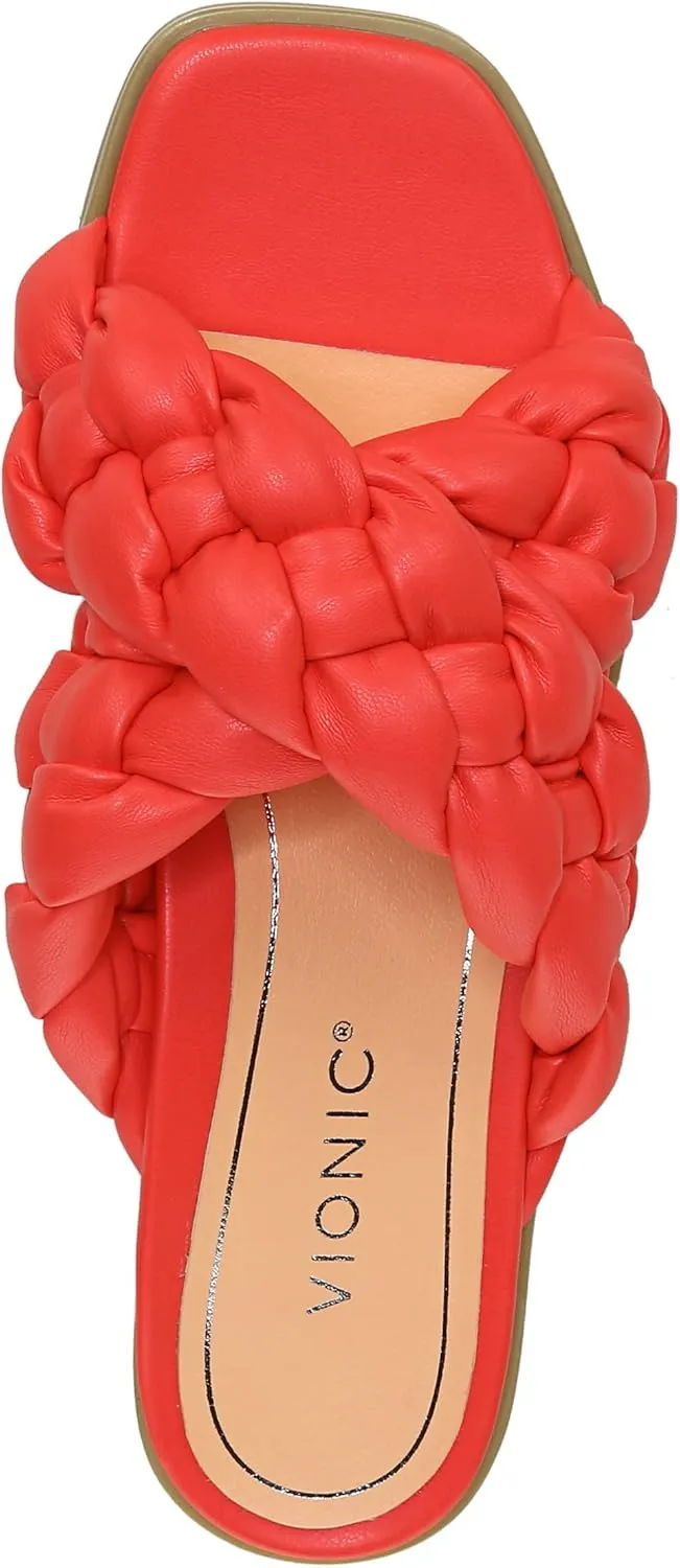 Vionic Women's Poppy Braided Vio-Motion Insole Slide Sandal- Supportive Dressy Flat Sandals That Includes an Orthotic Insole and Cushioned Outsole for Arch Support, Medium and Wide Fit, Sizes 5-11