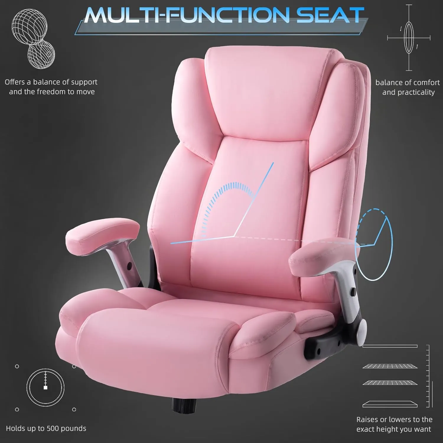 VITESSE 600lbs Big and Tall Office Chair with Flip up Armrest, Large Heavy Duty Chair with Ergonomic Lumbar Support, Executive Office for Heavy People with Quiet Rubber Wheel (Pink)