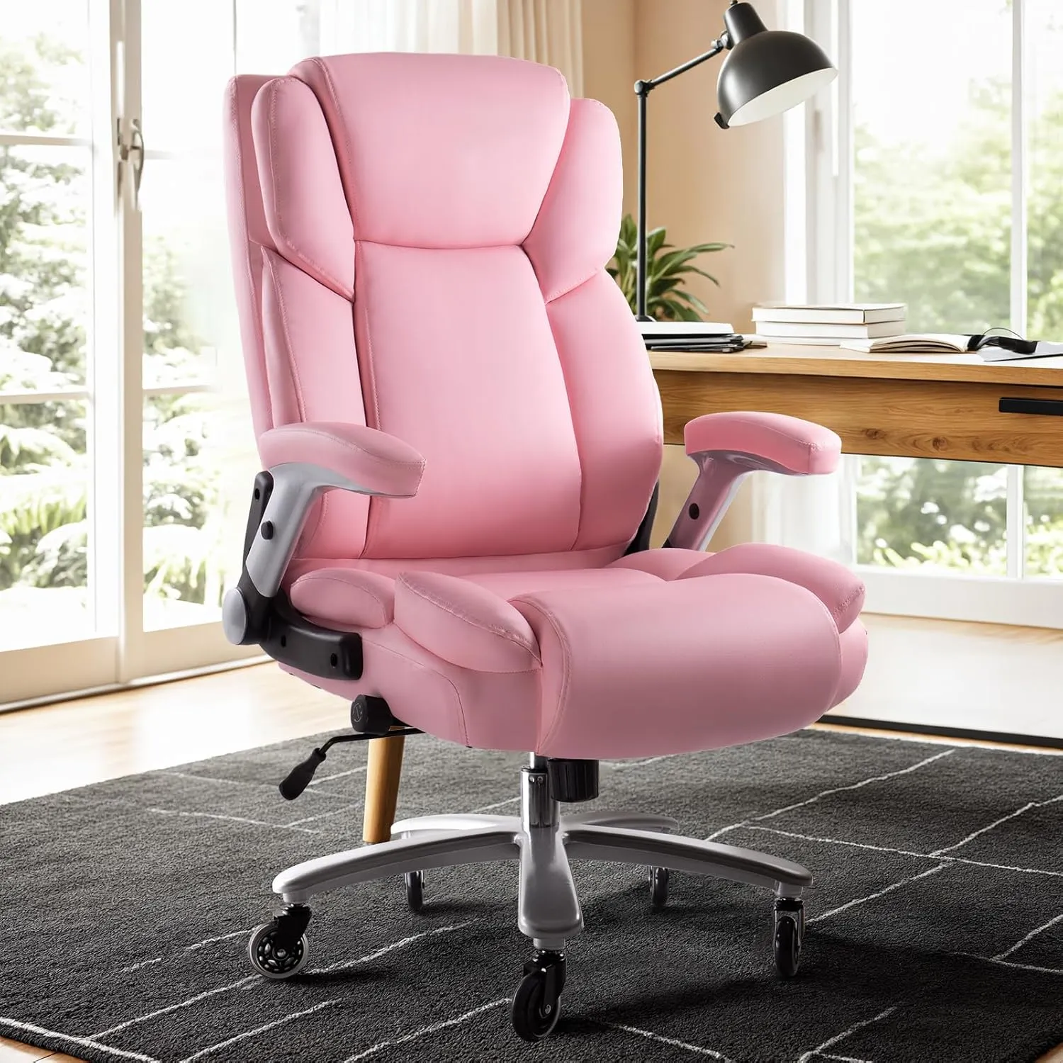 VITESSE 600lbs Big and Tall Office Chair with Flip up Armrest, Large Heavy Duty Chair with Ergonomic Lumbar Support, Executive Office for Heavy People with Quiet Rubber Wheel (Pink)