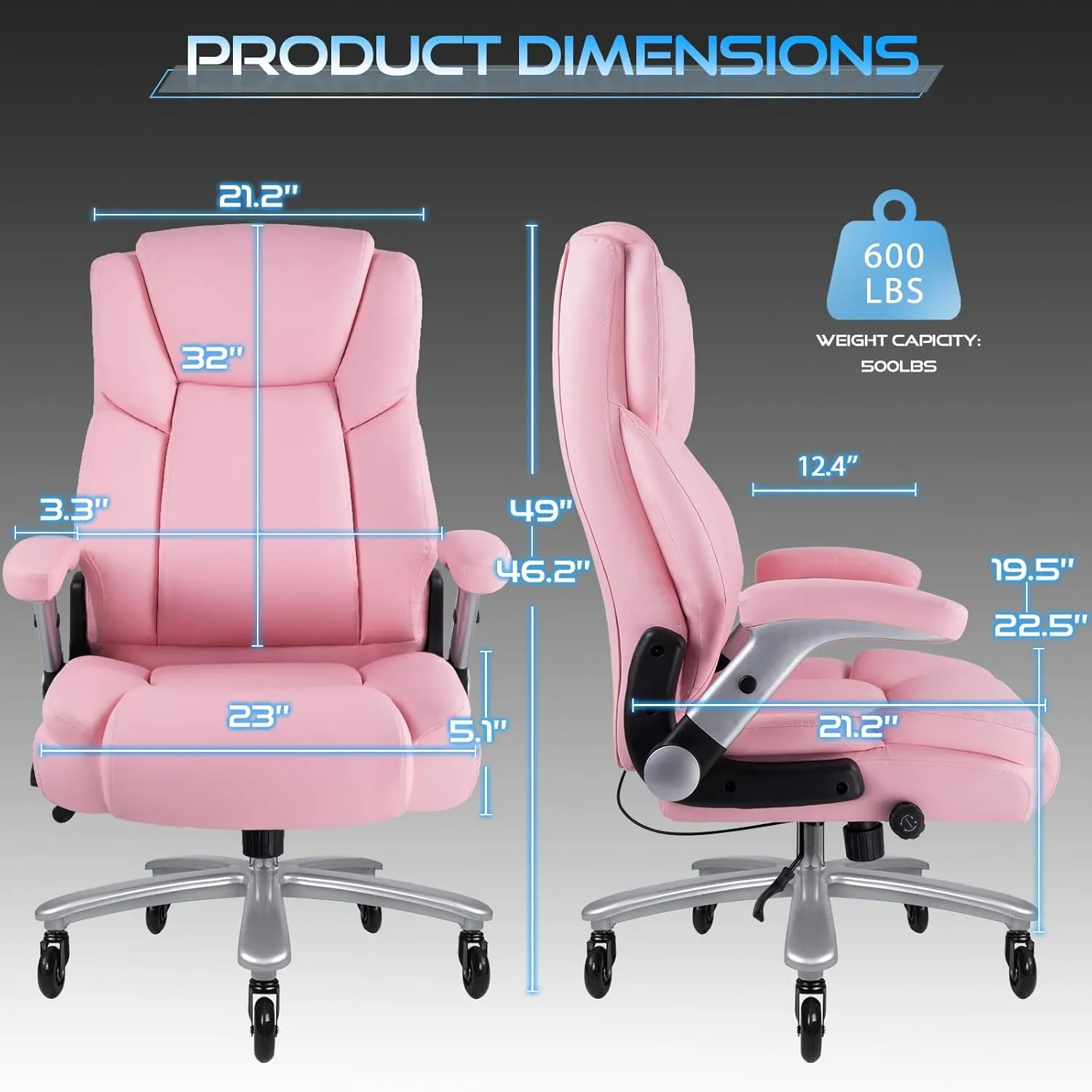 VITESSE 600lbs Big and Tall Office Chair with Flip up Armrest, Large Heavy Duty Chair with Ergonomic Lumbar Support, Executive Office for Heavy People with Quiet Rubber Wheel (Pink)
