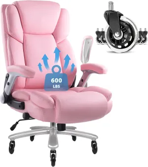 VITESSE 600lbs Big and Tall Office Chair with Flip up Armrest, Large Heavy Duty Chair with Ergonomic Lumbar Support, Executive Office for Heavy People with Quiet Rubber Wheel (Pink)