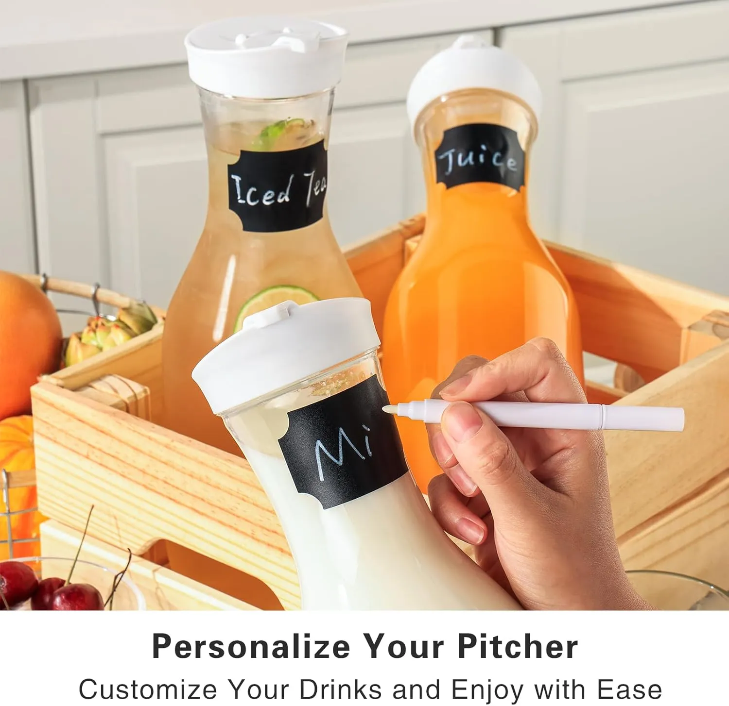 Water Carafe with Lid, 50 Oz Round Plastic Pitcher for Drinks, Milk, Mimosa Bar Supplies, Iced Tea, Juice Containers with Lids for Fridge, BPA-Free, NOT DISHWASHER SAFE, 4 Pack