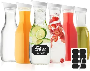 Water Carafe with Lid, 50 Oz Round Plastic Pitcher for Drinks, Milk, Mimosa Bar Supplies, Iced Tea, Juice Containers with Lids for Fridge, BPA-Free, NOT DISHWASHER SAFE, 6 Pack