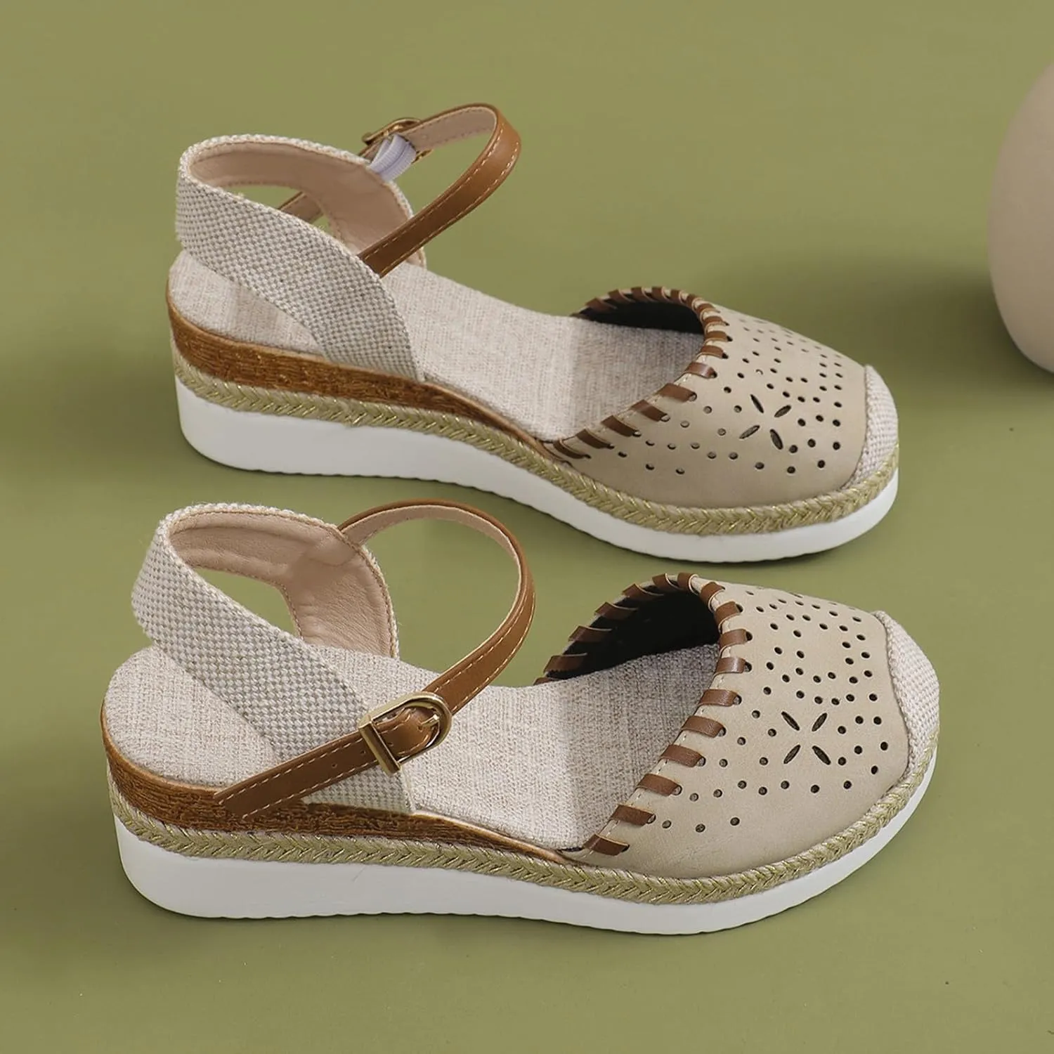 Wedge Heel Sandals for Women Closed Toe Ankle Strap Color Blocked Summer Dress Espadrilles Shoes for Party Holiday