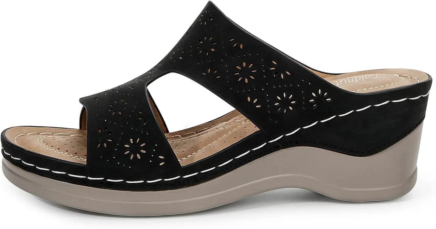 Wedges Sandals for Women Dressy, Flower Cut Out Platform Slides Sandal Comfort Low Wedge