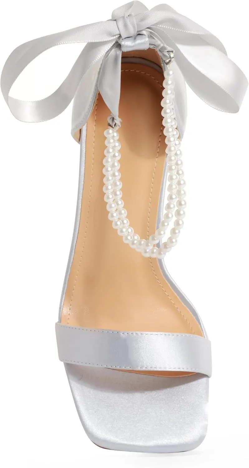 White Block High Heels for Women - Pearl Square Open Toe Chunky Bow Heels - Wedding Bridal Shoes for Prom Party Dress