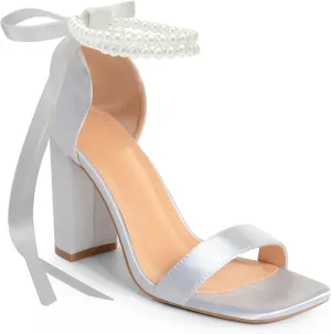 White Block High Heels for Women - Pearl Square Open Toe Chunky Bow Heels - Wedding Bridal Shoes for Prom Party Dress