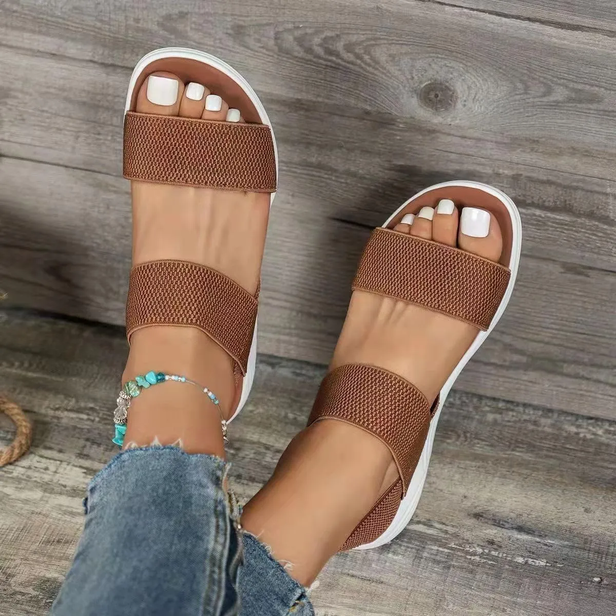Women's Backstrap Sandal Casual Platform Open Toe Wedge Sandals Stroll Flat Walking Air Cushion Comfort Summer Shoes Knit Elastic Ankle Strap Platfor Slippers