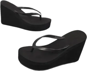 Women's Beach Sandals, Wedge Flip Flops Platform Sandals Slip on Platform Flip-Flops, Black, Size 4.5