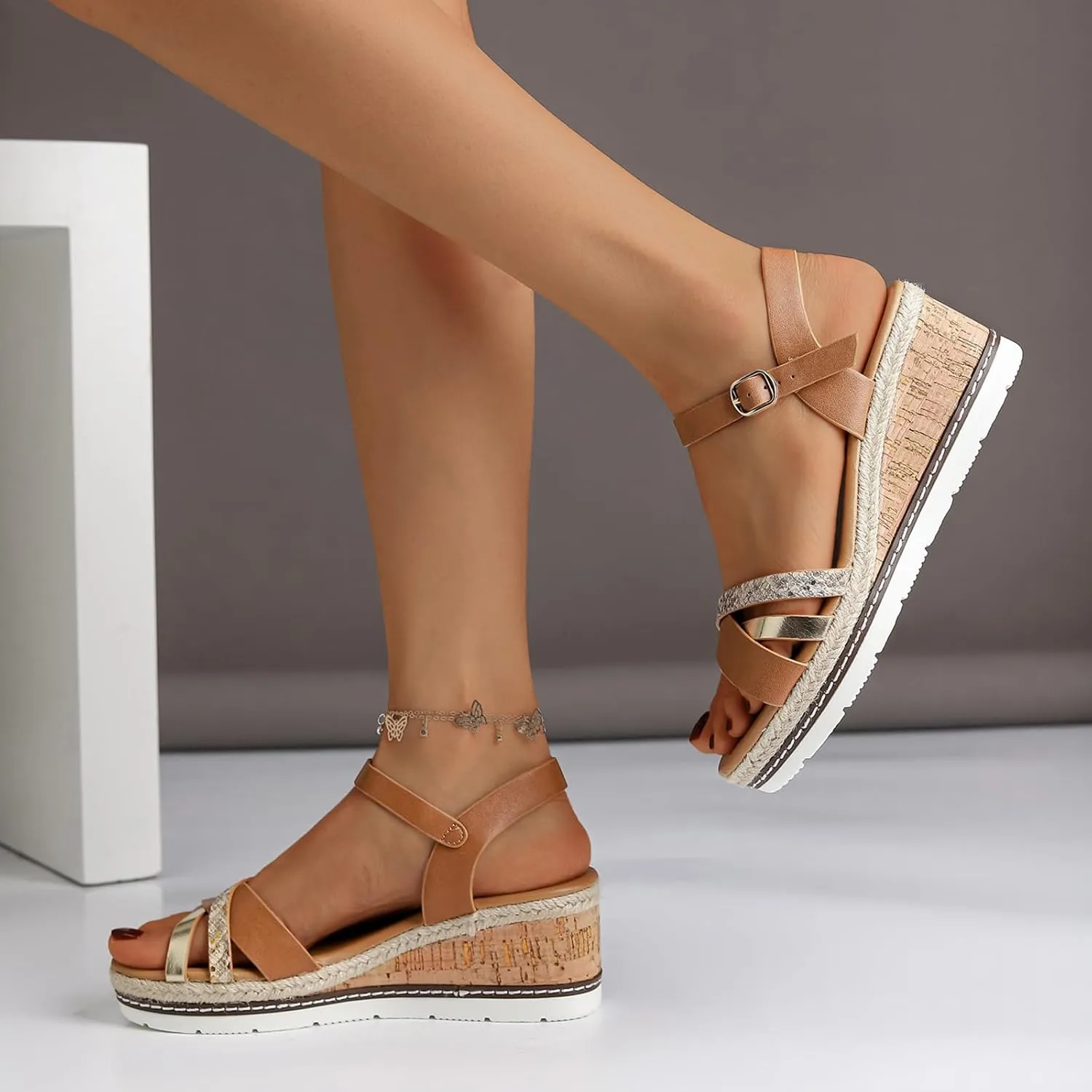 Women's Espadrille Wedge Open Toe Sandals,Adjustable Buckle Ankle Strap Casual Sandals With Arch Support Outdoor Dressy Beach Platform Rome Sandal Shoes