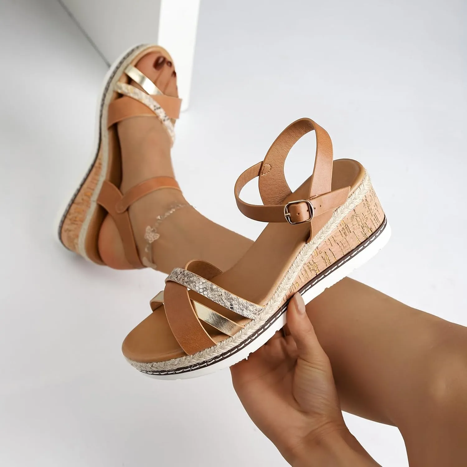 Women's Espadrille Wedge Open Toe Sandals,Adjustable Buckle Ankle Strap Casual Sandals With Arch Support Outdoor Dressy Beach Platform Rome Sandal Shoes