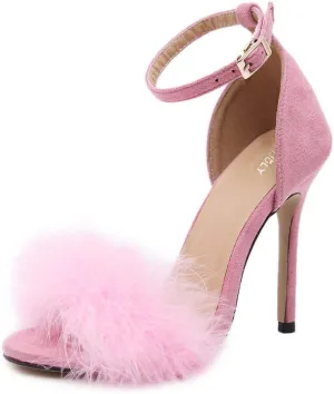 Women's Open Toe Ankle Strap Fluffy Feather Stiletto High Heel Dress Sandal