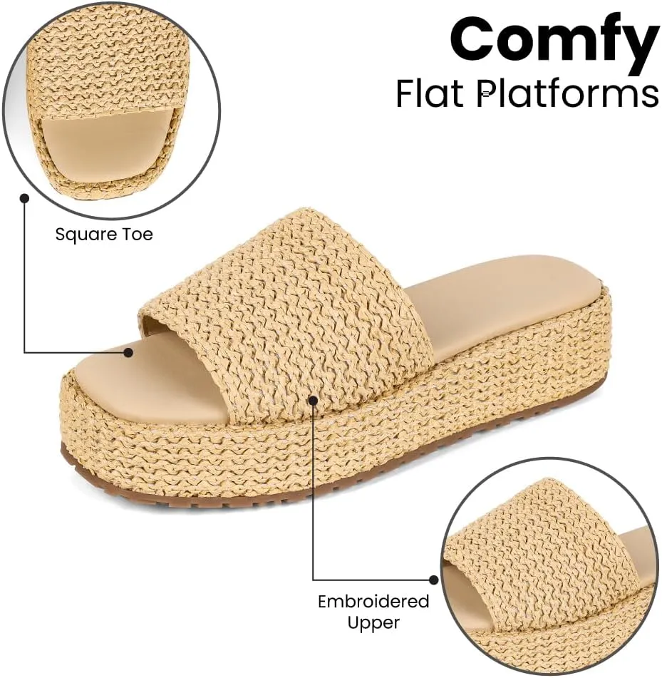 Womens Platform Sandals Wedge Sandals Slip On Espadrilles Open Toe Woven Beach Sandals Raffia Sandals