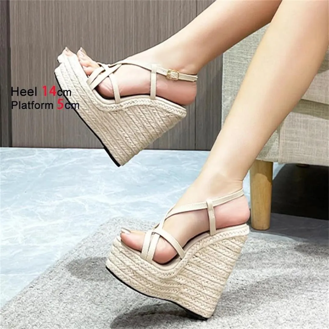 Womens Summer Espadrille Heel Platform Wedge Sandals 14CM Catwalk Show Sandals