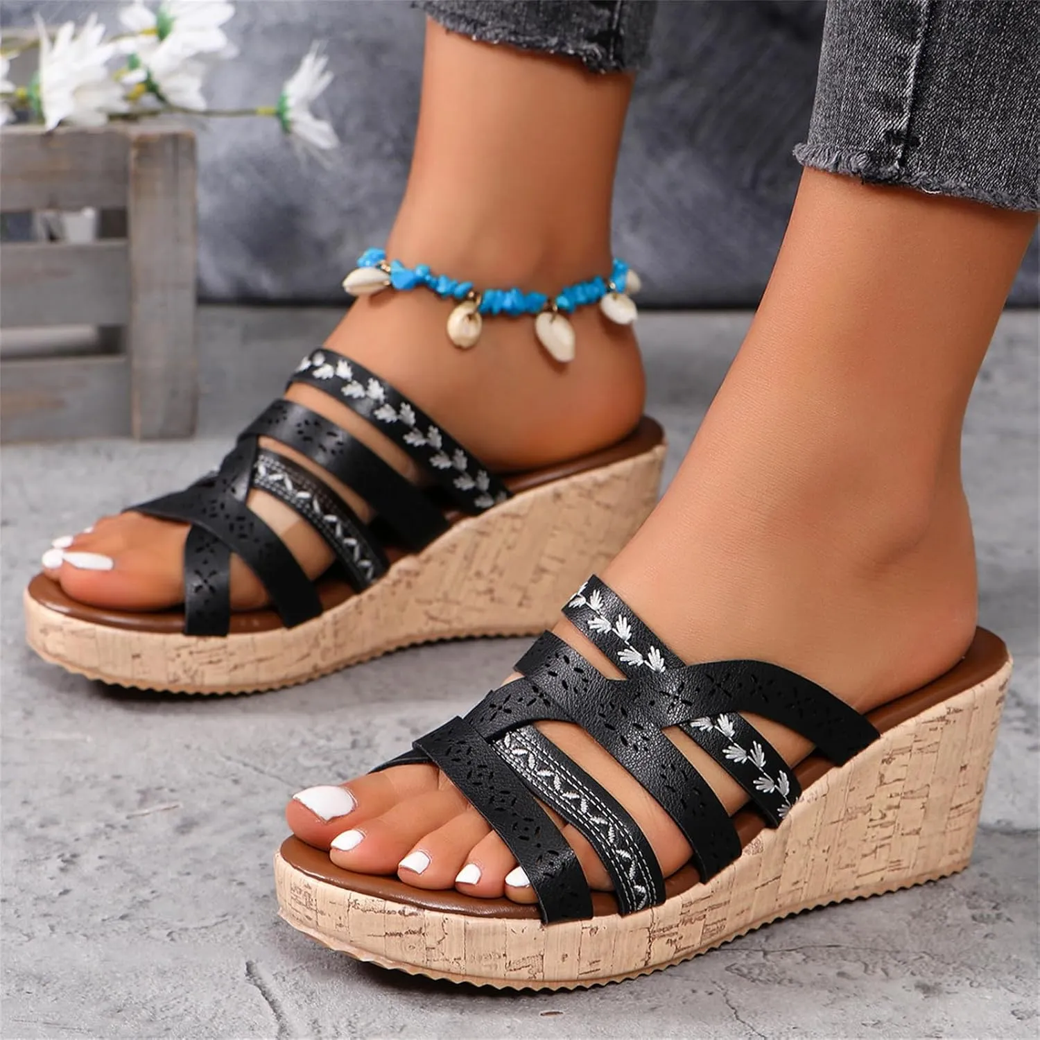 ZKXYFFS Women's Wedge Platform Espadrille Cork Slide Sandals Slip On Open Toe High Heels Buckle Casual Summer Flatform Shoes